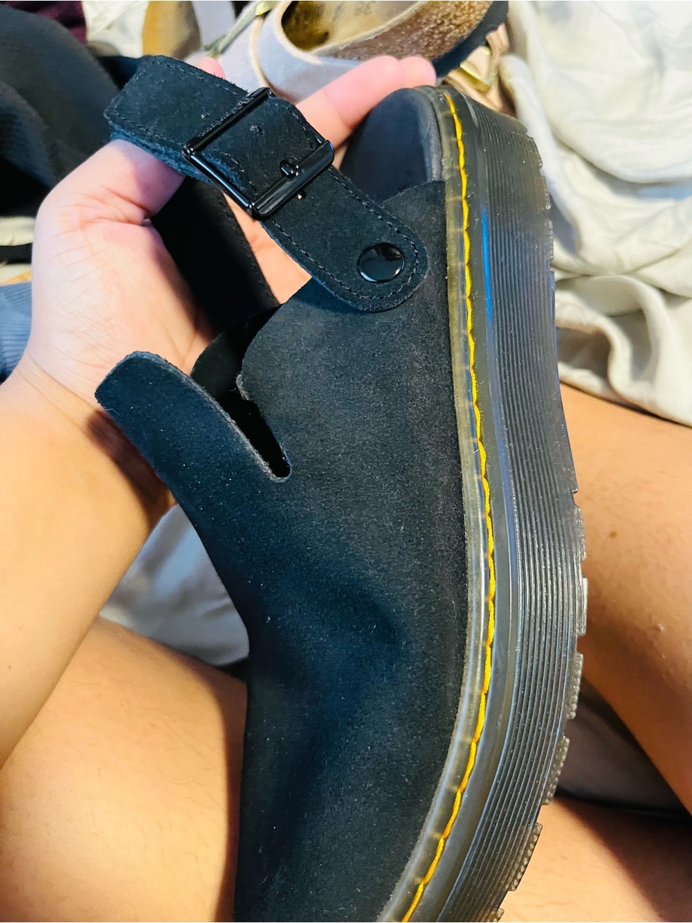 Dr. Martens Black Suede Platform Clog with Yellow Stitching